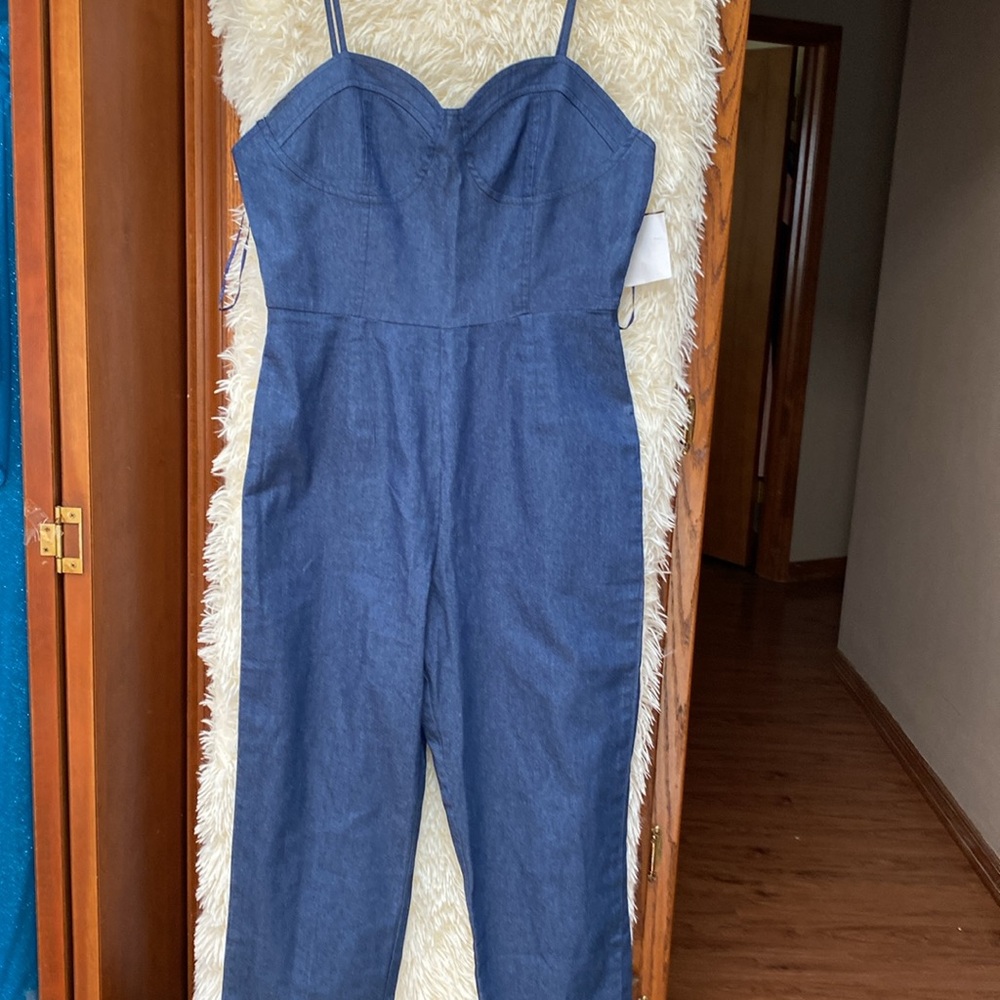Gorgeous Medium Denim Spaghetti Strap Jumpsuit. Size L (Junior).